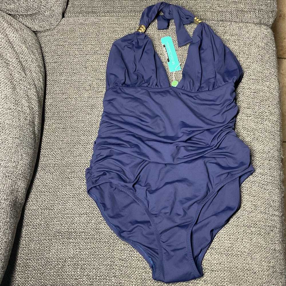 Melissa Odabash Navy Blue Ruched Halter One
Piece Swimsuit Open Back Size 10